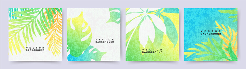 Summer backgrounds with tropical leaves. Texture and gradient of green, blue and yellow colors. Beach and jungle theme. Editable vector template