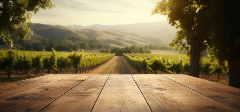 An empty wooden table allows products to take center stage, enhanced by a scenic vineyard view Generative AI