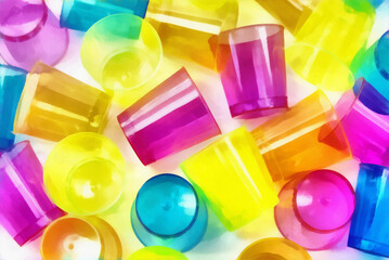 digital painting - background of colorful plastic glasses - flat lay