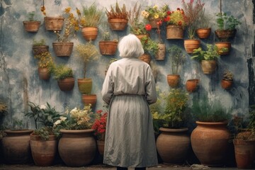Botanist old woman home pots. Generate Ai