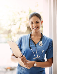 Woman doctor, clipboard and portrait for medical service, hospital documents and nursing...