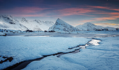 Wonderful Nature landscape during sunset of Lofoten island in winter time.