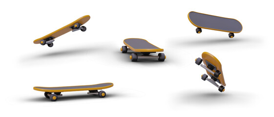 Big set of 3D skateboards in one style, view from different sides. Illustrative material for applications, web pages about skateboarding. Board at rest, during tricks, in air © ArtHub02