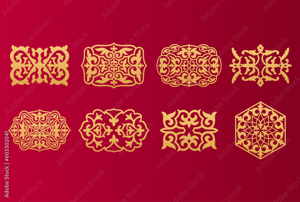 Wall mural Set of 8 islamic golden ornaments on red background in vector. Circular ornamental arabic symbols. Abstract Asian elements of the national pattern of the ancient nomads of the Kazakhs, Tatars, Kyrgyz