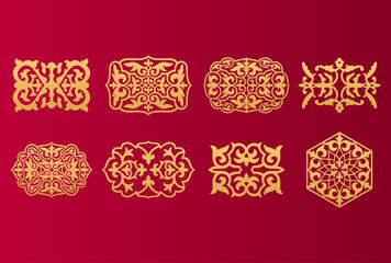 Set of 8 islamic golden ornaments on red background in vector. Circular ornamental arabic symbols. Abstract Asian elements of the national pattern of the ancient nomads of the Kazakhs, Tatars, Kyrgyz