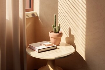 Modern White Marble Round Side Table with Plants and Shadows - 3D Mockup. Ai generative