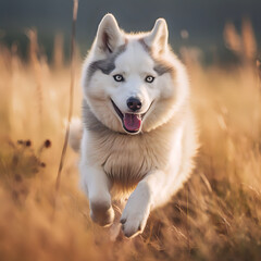 Siberian husky dog  running on the grassland