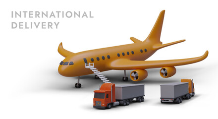 3d tracks and orange airplane stands at airport and waiting for luggage and goods to be loaded on board. International air delivery concept. Advertising poster for airlines. Vector illustration