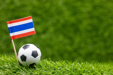 Fototapeta premium Soccer ball football with flag of Thailand on green grass