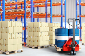 Warehouse interior. Storage boxes. Pallet jack with barrels. Storage without people. Multi-tier racks for pallets. Hydraulic trolley near parcels. Factory warehouse. Factory storage area. 3d image