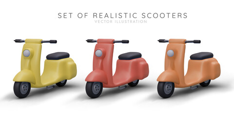 Popular vehicle. Collection of realistic electric scooters in different colors. Illustrations for scooter rental applications. Image for web design of small vehicle sales shops