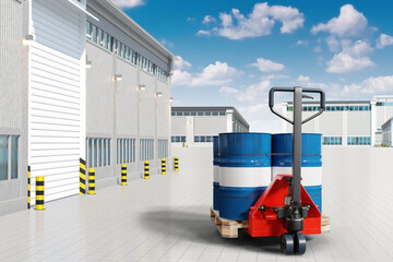 Industrial zone. Territory with production buildings. Mechanical pallet jack. Barrels with chemical products. Fuel tanks. Industrial hangars in sunny weather. Modern industrial enterprise. 3d image