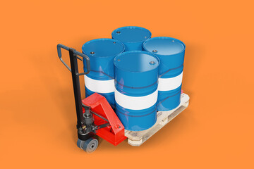 Pallet jack. Barrels for chemicals. Pallet jack with chemicals. Hand truck. Pallet jack isolated on orange. Concept of production of chemical products. Metal industrial barrels. 3d image