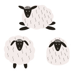 Sheep farming. Cute livestock, farm animal drawing element isolated on white. Watercolor funny set of sheeps illustration in childish style. Farm aesthetic concept, print, card, poster.