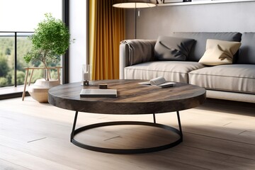 Modern Wood Coffee Table with Gray Sofa - 3D Interior Mockup. AI generative