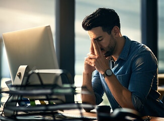 Stress, headache and tired with a business man in his office, sitting eyes closed at his desk for a...