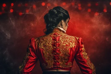 Zelfklevend Fotobehang Bullfighter woman red cloth bull. Generate Ai © nsit0108