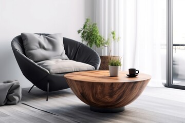 modern Wood Coffee Table with Gray Armchair - 3D Interior Mockup, Ai generative