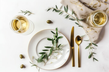 Happy New Year flat lay. Birthday, wedding party. Golden cutlery, beige silk ribbon on ceramic plate. Champagne wine bottle, drinking glass. Confetti with olive branches. White table top background