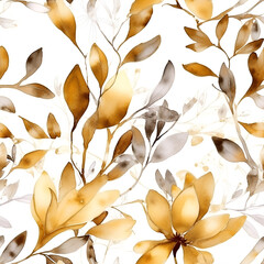 Watercolor seamless retro floral pattern with gold leaves on white background. Botanical AI illustration. For banner, wedding, poster, Web, packaging, art industry and book.