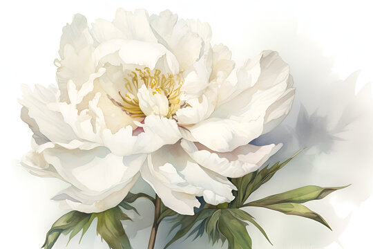 Watercolor realistic picture of a white peony flower. Floral vintage arrangement. Botanical illustration for greeting cards, bouquets, wreaths, wedding invitations and summer backgrounds, anniversary.