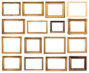 set of horizontal old wooden picture frames isolated on white background with cut out canvas - 603304002