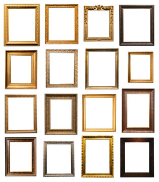 set of vertical old wooden picture frames isolated on white background with cut out canvas