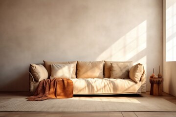 Cream Suede Sofa with Brown Accents - 3D Interior Mockup , Ai generative