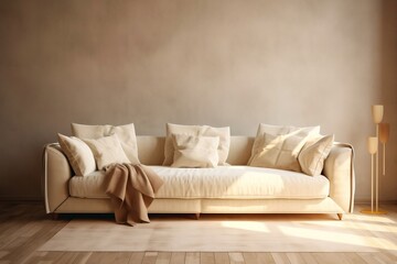 Fototapeta na wymiar Cream Suede Sofa with Brown Accents - 3D Interior Mockup , Ai generative