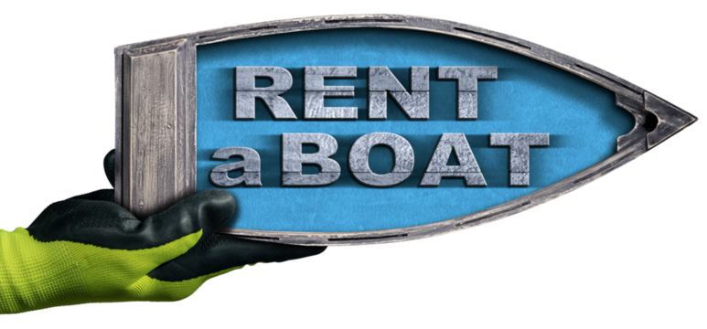 Hand with protective work gloves of a manual worker holding a small wooden boat with text Rent a Boat, directional sign in the shape of row boat isolated on white or transparent background. Png.