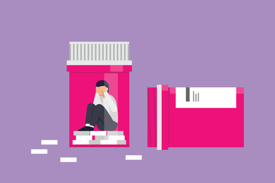 Man in depression drowning in medications sitting inside a bottle 2d vector illustration concept for banner, website, illustration, landing page, flyer, etc.