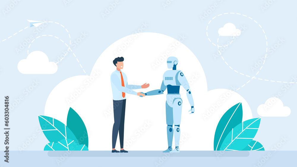 Aufkleber ai robot and businessman handshake together. partnership with ai. artificial intelligence robot and 