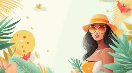 Obraz na płótnie Canvas Summer background with tropical leaves, fruits and woman in straw hat. Vector illustration