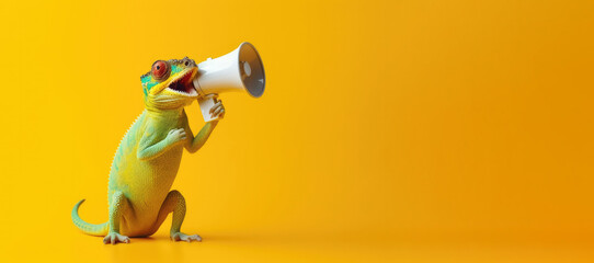 a happy chameleon holding a yellow megaphone speaking in it  with yellow solid background, genertive ai. - obrazy, fototapety, plakaty