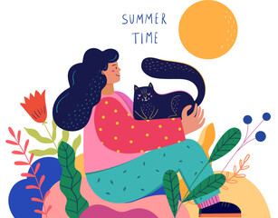 Cute summer card with cat. Summer vector illustration with woman and cat. Summer time card