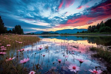 A lively summer scene with a blue sky at sunrise and a clear lake under the clouds_ai