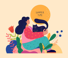 Cute summer card with cat. Summer vector illustration with woman and cat. Summer time card