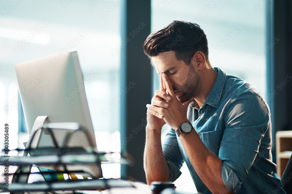 Poster man, headache and stress at computer in office for problem, burnout and crisis of anxiety, brain fog