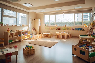 Ensuring Fun, Safe Learning in a Preschool Room: A Tour of a Childcare Center Interior: Generative AI - obrazy, fototapety, plakaty