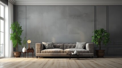 Modern Grey Room Interior with Coloured Furniture and LargeEmpty Wall - Ideal for Backgrounds, Banners, and Copy Space. Generative AI