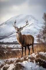 Majestic Red Deer Stag in Winter Wonderland: Snow-Capped Peaks of Scotland's Highland Nature: Generative AI