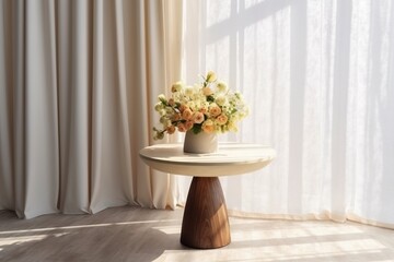 Wooden Round Table with Flower Bouquet - Sunlit Interior Mockup. Generative Ai