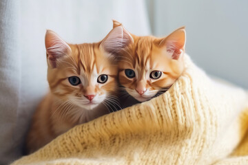 Ginger kitten on couch under knitted blanket. Two cats cuddling and hugging. Domestic animal. Sleep and cozy nap time. Home pet. Young kittens. Cute funny cats at home
