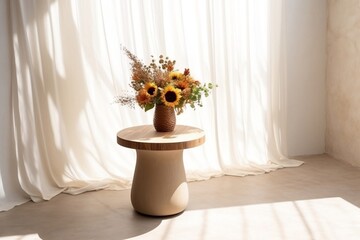 Wooden Round Table with Flower Bouquet - Sunlit Interior Mockup. Generative Ai