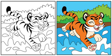 Coloring for kids cute tiger cub in water vector