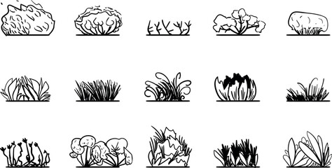 A set of bushes with different designs. The art is suitable for cartoon nature plant projects.