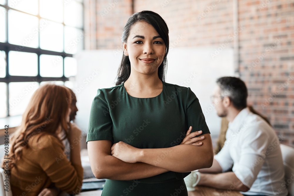 Poster Portrait, office meeting and business woman with arms crossed in company workplace. Face, confidence and happy female leader, professional and person with pride for career, job and success mindset.