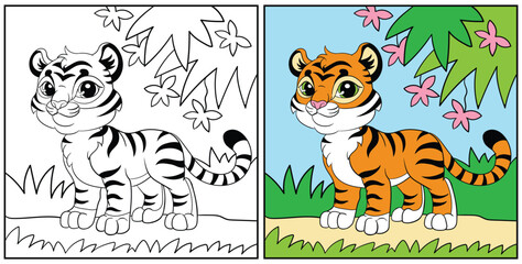 Naklejka premium Coloring for kids cute tiger cub in the forest vector