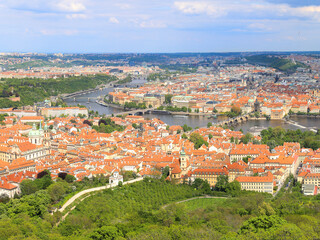 Fototapeta na wymiar Panorama bird-eye view of the Prague lesser town and the old town area, Czech Republic
