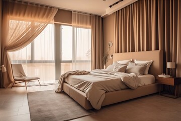 Fototapeta na wymiar Luxury Beige Bedroom with Walk-in Closet and Bathroom - 3D Interior Mockup. Ai generative